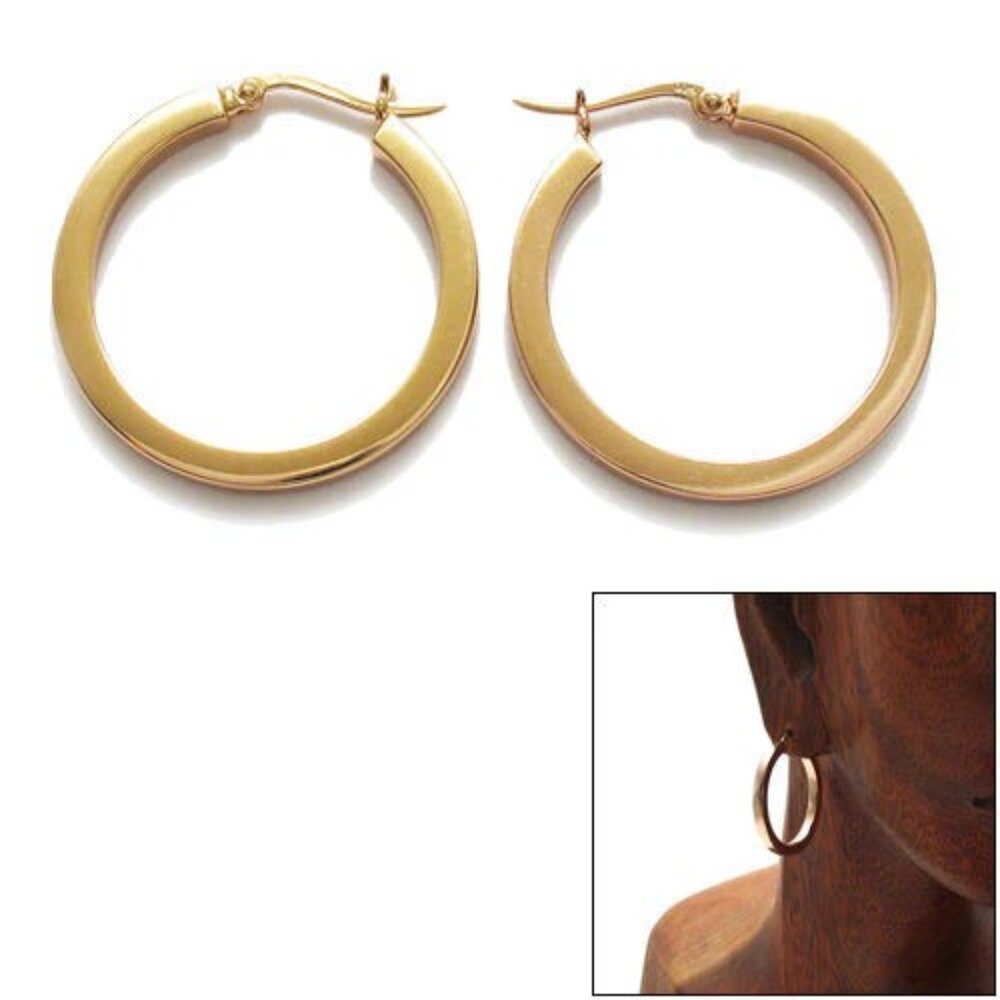 Sterling Silver Thin Rose Gold 30mm Squared Plain 3mm Hoop Earrings